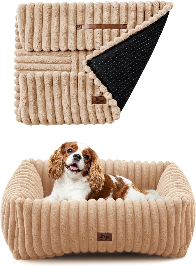 Washable Dog Bed Small Medium Size Dog, Rectangle Orthopedic Pet Bed for Car and Indoor,Fluffy Memory Foam Dog Beds with Anti-Slip Bottom,Camel (25x21x7 inches)