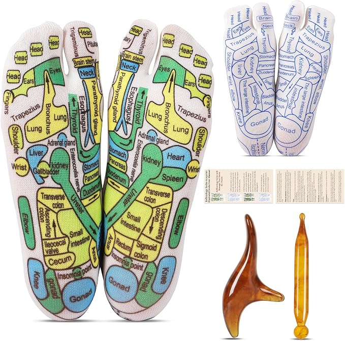 Reflexology Socks Set with Tools, 2 Pairs Foot Massage Socks Chiro Acupressure Acupuncture Trigger Point Pain Relief Remedy Acupoint Birthday Gifts for Men