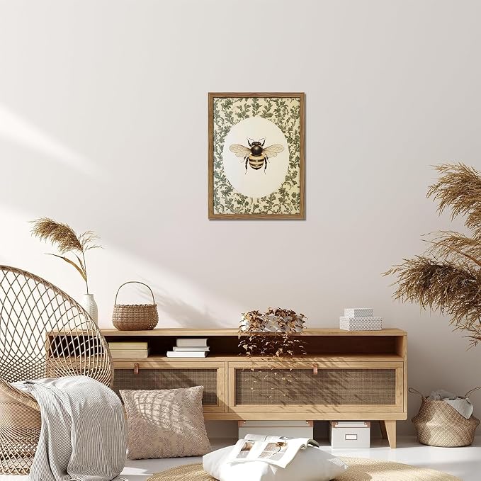 Framed Vintage Bee Wall Art, Cottagecore Floral Botanical Decor, Rustic Garden Insect Pictures Poster, Oval Bumblebee Canvas Print Wall Decor for Bedroom Living Room 16x24 inch