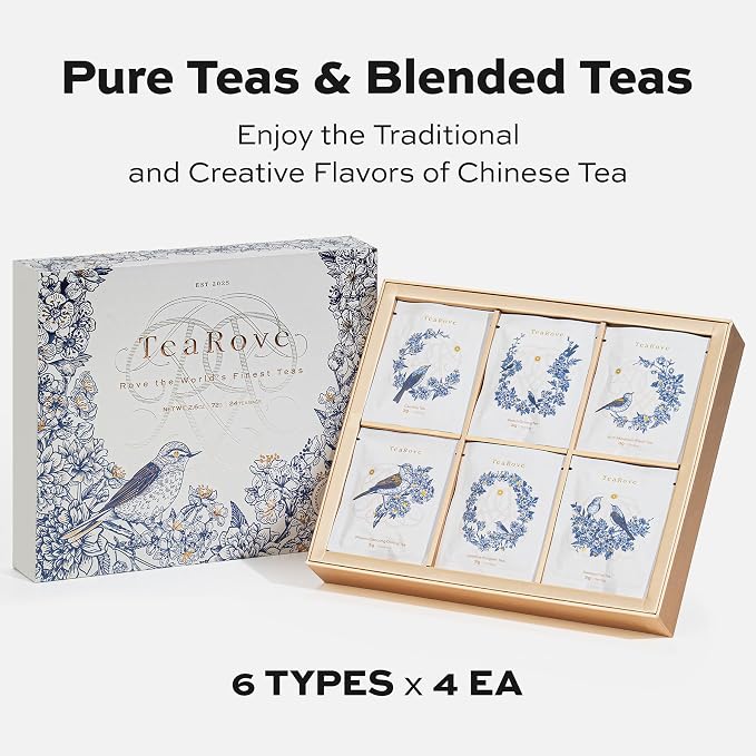 TeaRove Premium Tea Sampler Gift Set with Gold-Foil Presentation Box, 24 Assorted Variety Pyramid Infuser Bags, 6 Flavors Handcrafted Black, Oolong, Jasmine Green, Herbal Tea Sampler Gift for Tea Lover