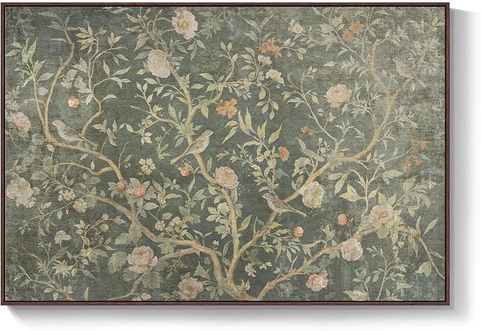 Extra Large Framed Green Vintage Botanical Wall Art for Living Room, 72x48 | Oversized, Canvas print, Retro green, Floral picture, Bird, Wall art bedroom, Dining room wall decor, Solid wood frame