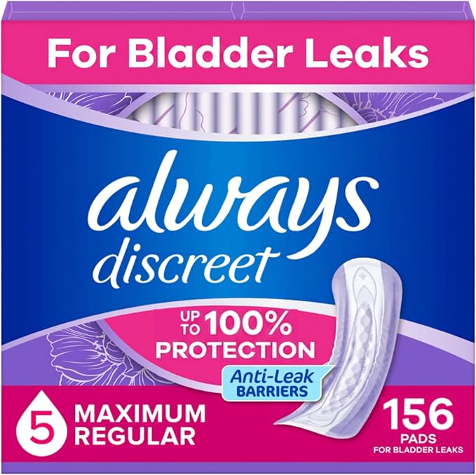 Always Discreet Adult Incontinence Pads for Women, Drier, 5 Drop Long Length, Heavy Absorbency, Pads for Bladder Control Management, Bladder Leaks, & Postpartum Pads, 156ct