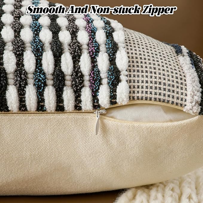 Chenille Striped Textured Boho Throw Pillow Covers Aesthetic with Tassels Woven Decorative Pillow Case for Couch Bed Sofa Bedroom Modern Funky 18 x 18-Inch Black Multicolor