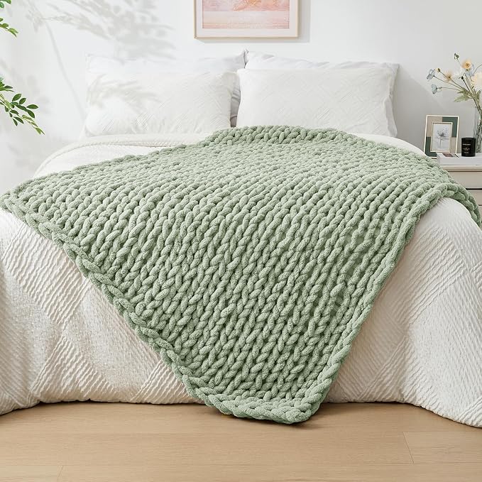 Bigacogo Chunky Knit Throw Blanket for Couch, 40x60 inches, Sage Green | Hand Knit with Jumbo Chenille, Soft Breathable Cable Knit for Sofa Bed Living Room, Machine Washable, Gift for Mom Friend