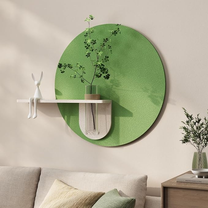 3D Sage Green Round Wall Art Decor with Shelf, Minimalist Green Sandstone Textured Artwork for Walls, Aesthetic Circle Wall Decor for Living Room, Hallway, Dining Room, Bedroom, Office, 24x24 Inch