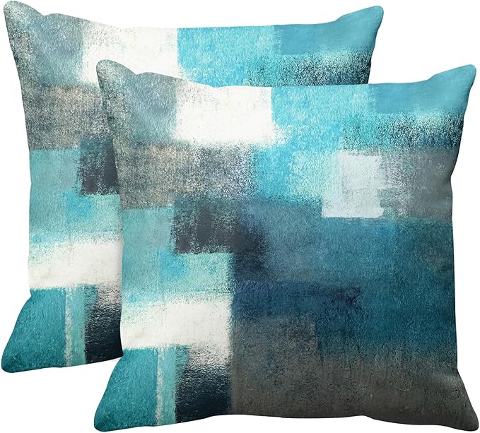 Emvency Throw Pillow Covers Set of 2, 18 x 18 Inch, Turquoise White Gray | Teal Painting Outdoor Decorative Square Pillow Cases Couch Cushion Case for Couch Bed Sofa Living Room Home Decor