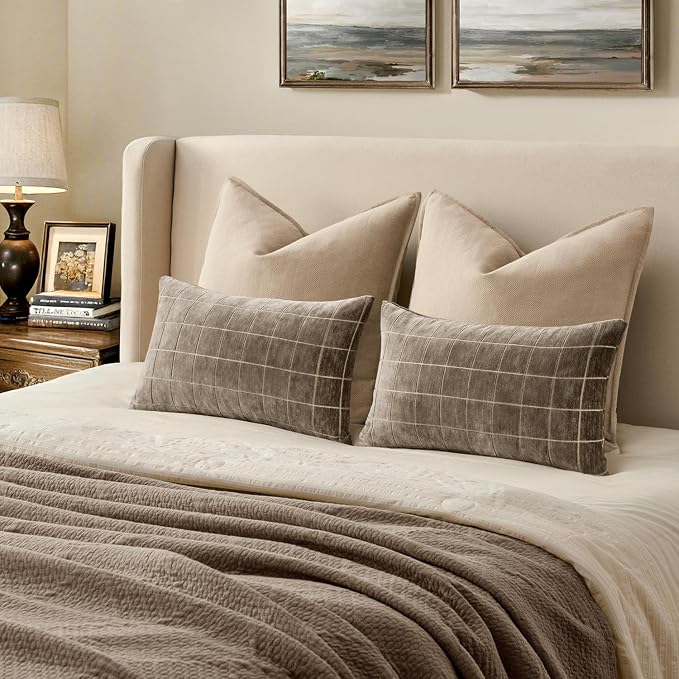 MIULEE Taupe Grey Plaid Decorative Fall Lumbar Pillow Covers 12x20 Set of 2 | Vintage, Check Chenille Couch Pillows, Boho Farmhouse Cushion Covers, Modern Home Decor for Sofa Bed Living Room