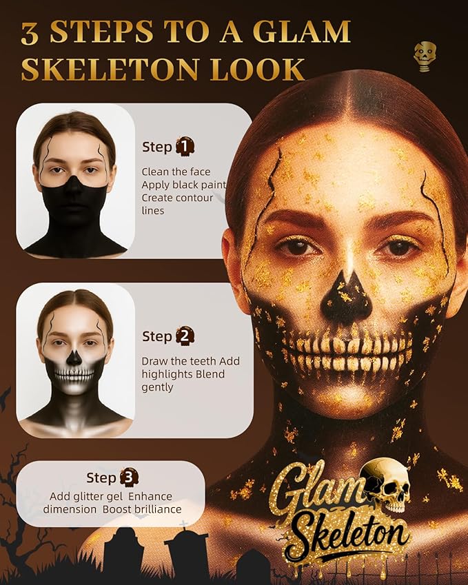 Lictin Black and White Face Body Paint with Gold Glitter Gel, Zombie Skeleton Makeup Face Paint, Professional Make Up Kit for Halloween, Costume, Cosplay, Carnivals for Adults & Kids