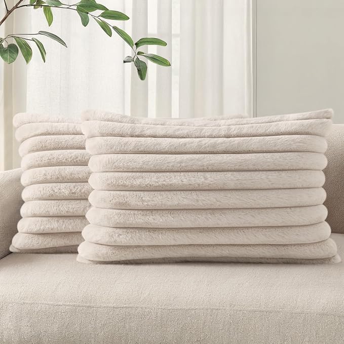 Pallene Faux Fur Decorative Throw Pillow Covers 12x20 Set of 2, Tan | Luxury Plush Texture, Striped Design, Cozy Soft Touch, Modern Home Accent Decor for Couch, Sofa, Bed, Living Room