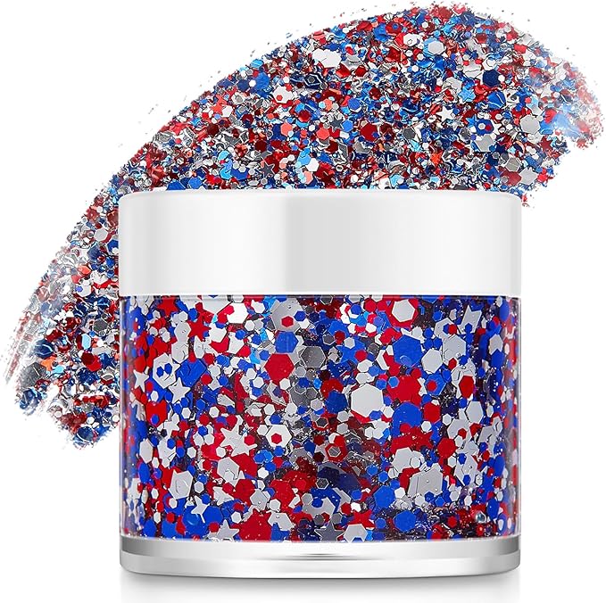 Red White Blue USA Flag Face Body Glitter, Pride Glitter Gel for Hair Nail Art, Holographic Chunky Sequins for Independence Day Patriotic Accessories 4th of July Festival Celebrations for Women