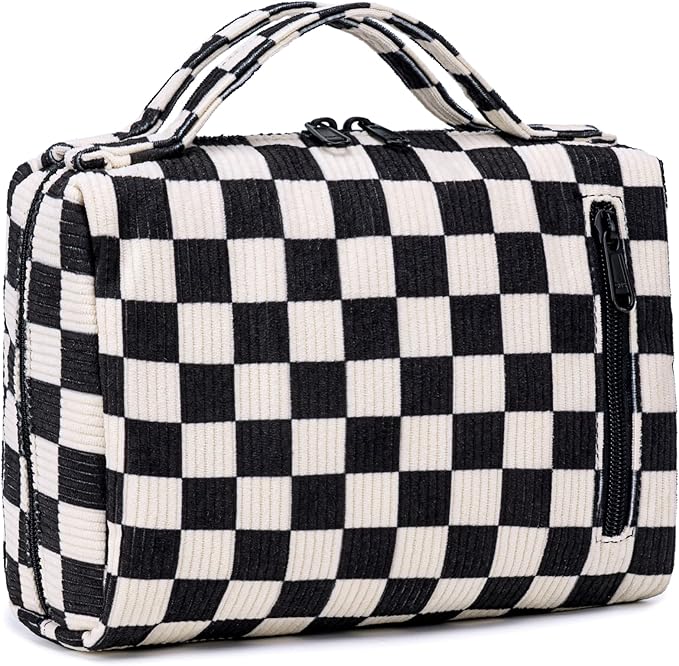 Bluboon Makeup Bag Zipper Pouch Travel Portable Cosmetic Bag Organizer for Women and Girls(Corduroy Checkered)