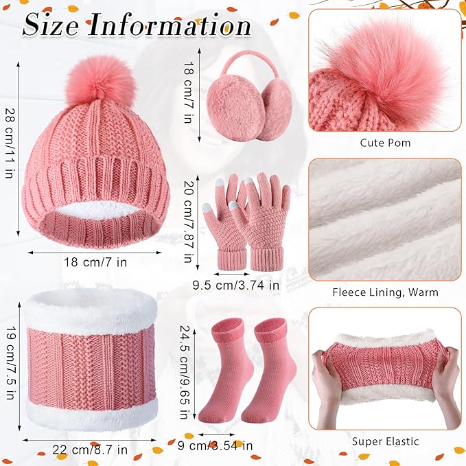 SATINIOR 5 Pcs Winter Hat Scarf Gloves Set Fleece Warm Lined Knit Beanie Hat Touch Screen Earmuff Gloves Warmer for Women(Pink,Classic Style)