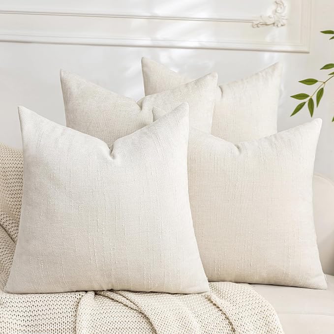 Set of 4 Soft Textured Decorative Throw Pillow Covers 18x18 Inch Cozy Farmhouse Cushion Cover Square Accent Pillow Cases for Bed Couch Sofa Living Room, Cream White
