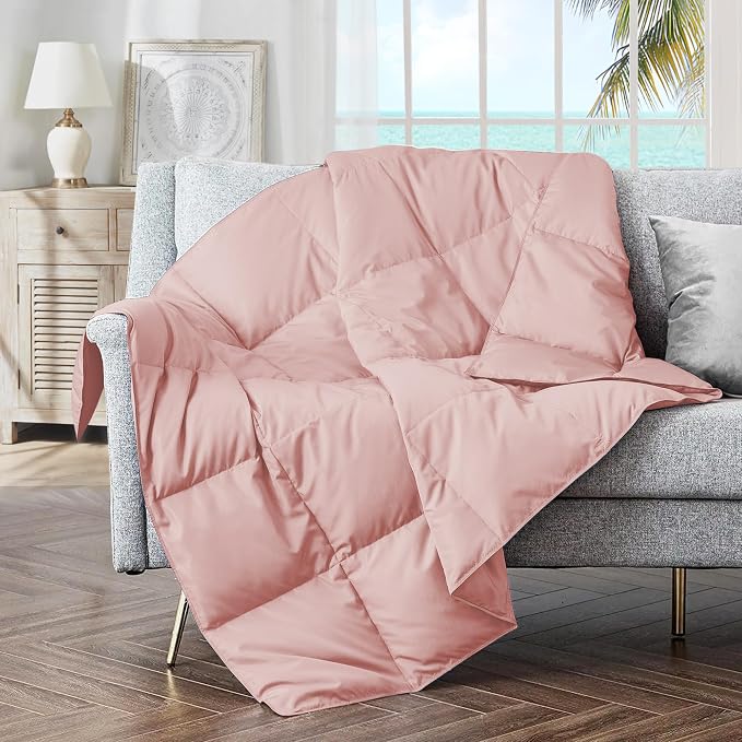 puredown® Soft Feather Down Throw Blanket Lightweight Packable Couch Throw for Indoor and Outdoor Use, Throw 50"X70", Pink