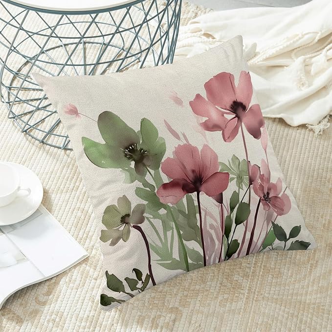 Spring Floral Pillow Covers 20x20 Inches Set of 2 Sage Green Pink Floral Throw Pillow Covers Outdoor Rustic Summer Flower Decoration Pillowcase Farmhouse Decorative Cushion Cover For Couch Sofa