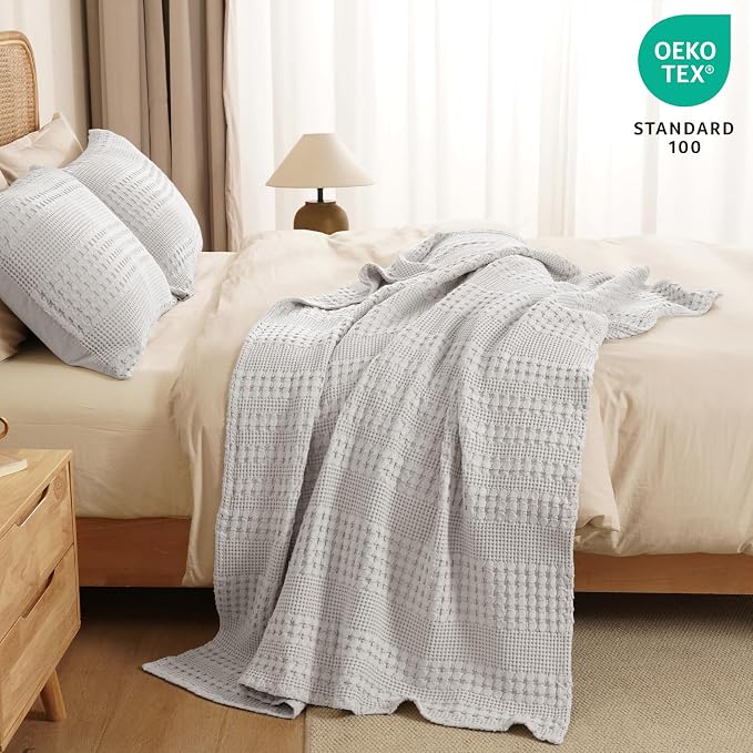 PHF 100% Cotton Waffle Weave Throw Blanket, Lightweight Breathable Summer Blanket for Couch Sofa, Pre-Washed Soft Throws for Bed, Office, Travel & Stylish Home Decor, 50"x60", Light Grey