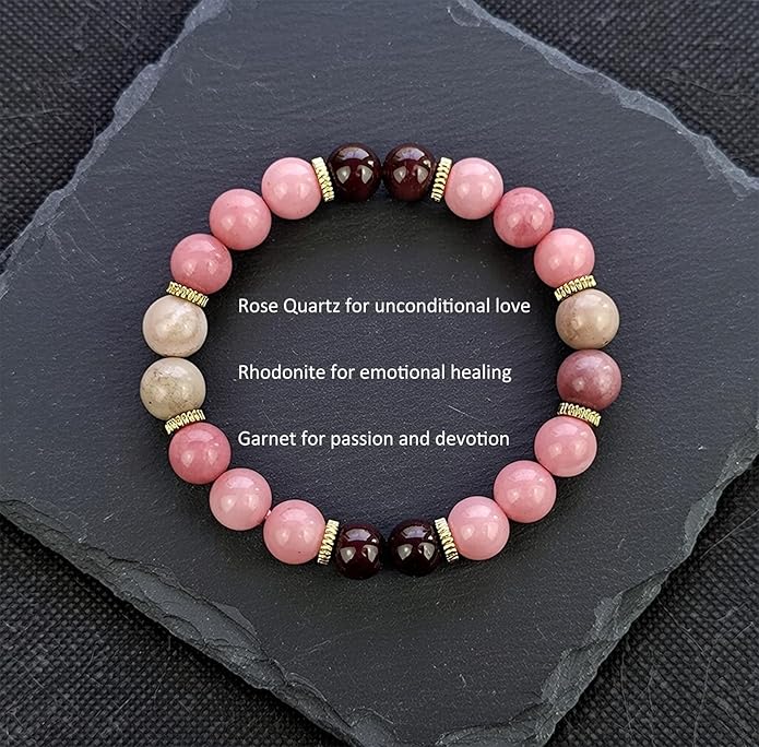 Natural Healing Crystal Gemstone Bracelet Handcrafted Crystal Bead Stretch Bracelet Yoga Meditation Beaded Bracelet with Love & Compassion Symbolic Theme for Women Girl (8mm, Rose Quartz, Rhodonite, Garnet)