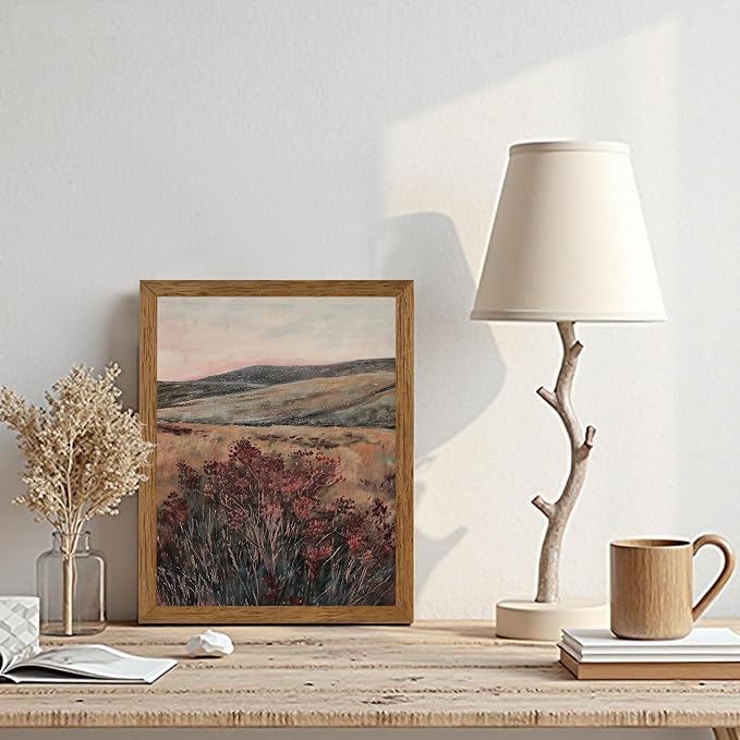 JLTULT Vintage Landscape Wall Art, Maroon Wood-Framed Canvas, 8 x 10 in | Moody maroon wildflower art on fade-resistant canvas with a ready-to-hang solid wood frame for bedrooms and living rooms