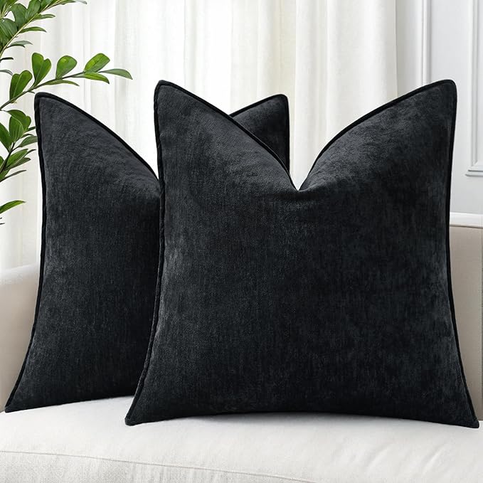 decorUhome Chenille Black Velvet Throw Pillow Covers 26x26 Set of 2 | Fall Soft Euro Sham Couch Decorative Modern Farmhouse Pillow Cases with Elegant Design for Sofa Bed Living Room Home Decor