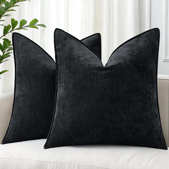 decorUhome Chenille Black Velvet Throw Pillow Covers 20x20 Set of 2 | Fall Soft Couch Decorative Modern Farmhouse Pillow Cases with Elegant Design for Sofa Bed Living Room Home Decor