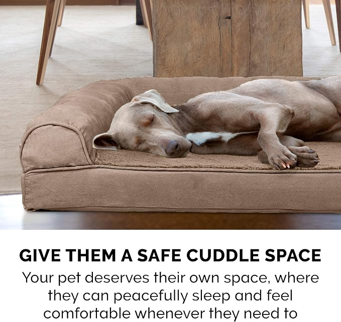 Furhaven Cooling Gel Dog Bed for Large/Medium Dogs w/ Removable Bolsters & Washable Cover, For Dogs Up to 55 lbs - Plush & Suede Sofa - Almondine, Large