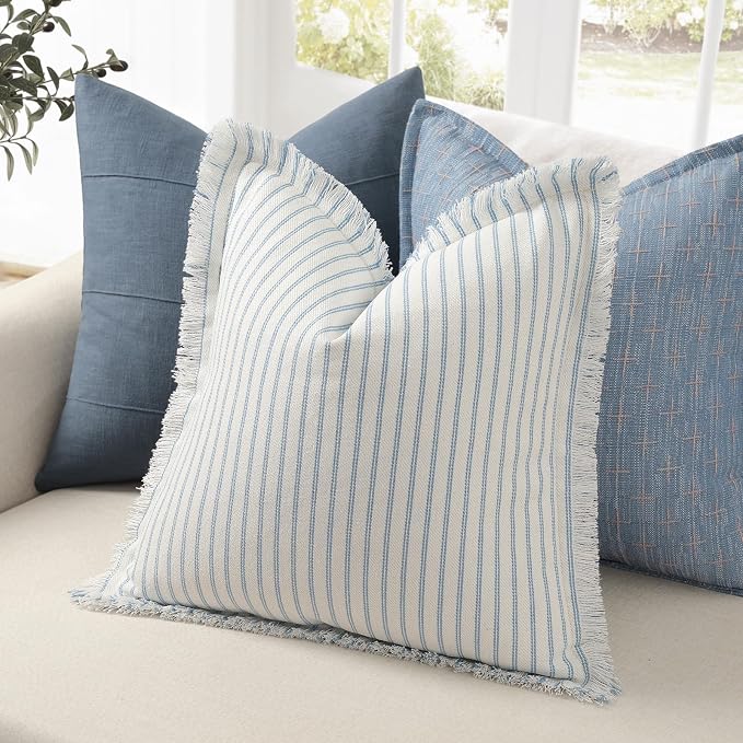 Throw Pillow Covers 16x16 Set of 2 Striped Pillow Covers with Fringe Chic Cotton Decorative Pillows Square Cushion Covers for Sofa Couch Bed Living Room Farmhouse Decor, (Light Blue)