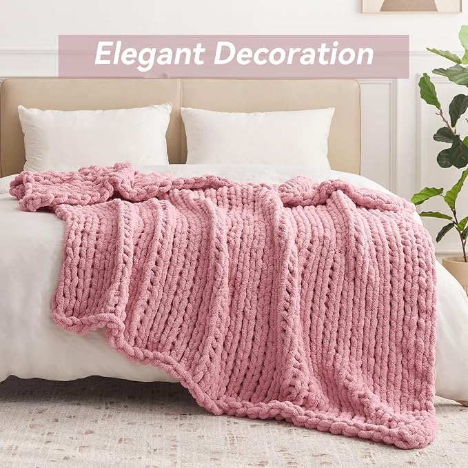 Negwoo Chunky Knit Throw Blanket, Knitted Throw Chenille Yarn, 80"*90" | Soft Thick Cable Knitted Blankets, Handmade Big Thick Blanket, Machine Washable Cute Comfy Blanket for Home Decor, Light pink