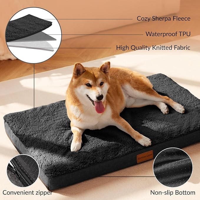 Patas Lague Orthopedic Large Dog Bed Washable Pet Sofa Mat 42''X28'' Black | Egg-Crate Foam Dog Couch For Large Sized Dogs, Waterproof Removable Cover, Soft Pet Crate Bed With Nonskid Bottom