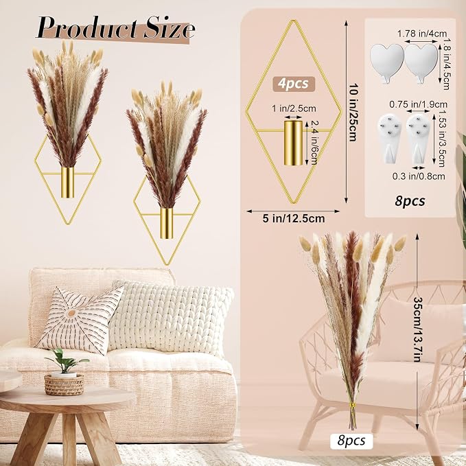Hanaive 4 Sets Boho Wall Decor Metal Wall Art Hanging Planters with Artificial Pampas Display Modern Home Vase for Bedroom Home Office(Mixed,White，Brown)