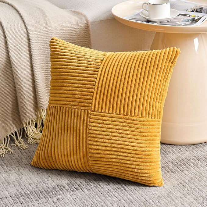 Fancy Homi Gold Yellow Decorative Throw Pillow Covers 18x18 Inch for Living Room Couch Bed, Boho Farmhouse Fall Home Decor, Soft Textured Corduroy Corss Patchwork Cushion Case 45x45 cm