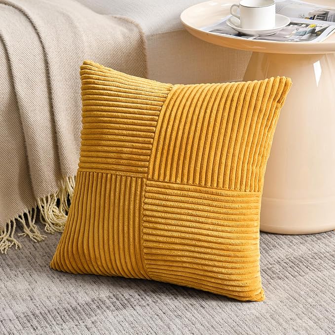 Fancy Homi Gold Yellow Samll Decorative Throw Pillow Covers 14x14 Inch for Living Room Couch Bed, Boho Farmhouse Fall Home Decor, Soft Corss Corduroy Patchwork Textured Cushion Case 35x35cm