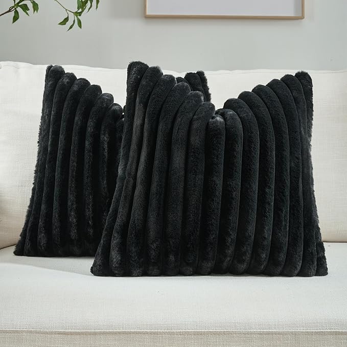 FUTEI Pack of 2 Faux Fur Throw Pillow Covers 22x22 Inch, Black | Fluffy Faux Rabbit Fur Front/Premium Velvet Back,Hidden Zipper,Machine Washable,Non-Shedding,Colorfast,Insert Not Included.