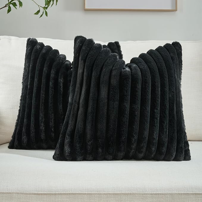 FUTEI Pack of 2 Faux Fur Throw Pillow Covers 24x24 Inch, Black | Fluffy Faux Rabbit Fur Front/Premium Velvet Back,Hidden Zipper,Machine Washable,Non-Shedding,Colorfast,Insert Not Included.