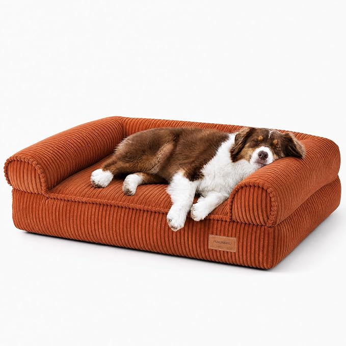 FUKUMARU Cute Dog Bed, Thickened Orthopedic Dog Sofa, Waterproof&Washable | 36" Corduroy Dog Couch with 4" Extra-Thick Egg-Crate Foam, Large Pet Bed for Medium to Large Dogs