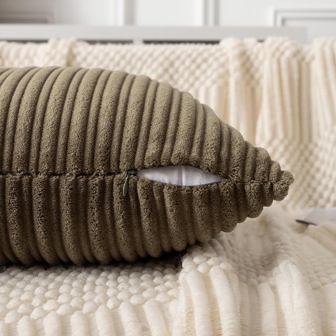 UGASA Velvet 12x20 Inch Lumbar Soft Throw Pillow Cover Boho Farmhouse Decorative Corduroy Striped Both Sides Solid Rectangular Cushion Case for Couch Bedroom Sofa Home, 1 Piece, Olive Green