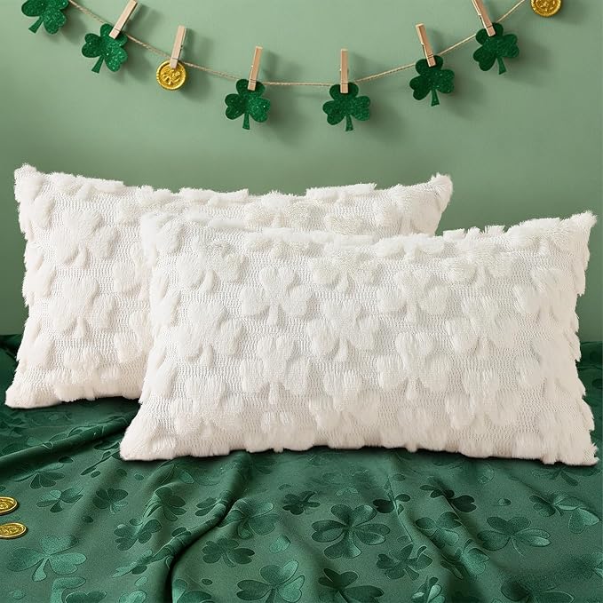 decorUhome Faux Fur Throw Shamrock Cream White Pillow Covers 12x20 Set of 2 | Plush Soft Wool St. Patrick’s Day Throw Pillow Covers, Accent Modern Farmhouse Pillow Covers Holiday Decor for Sofa Bed