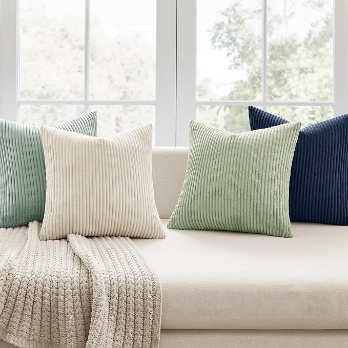 MIULEE Soft Corduroy Decorative Throw Pillow Covers Muted Teal 18x18 | Set of 4, Mordern Nordic Decor, Muted Morandi Tones, Boho Farmhouse Cushion Covers for Couch Bed Sofa Living Room