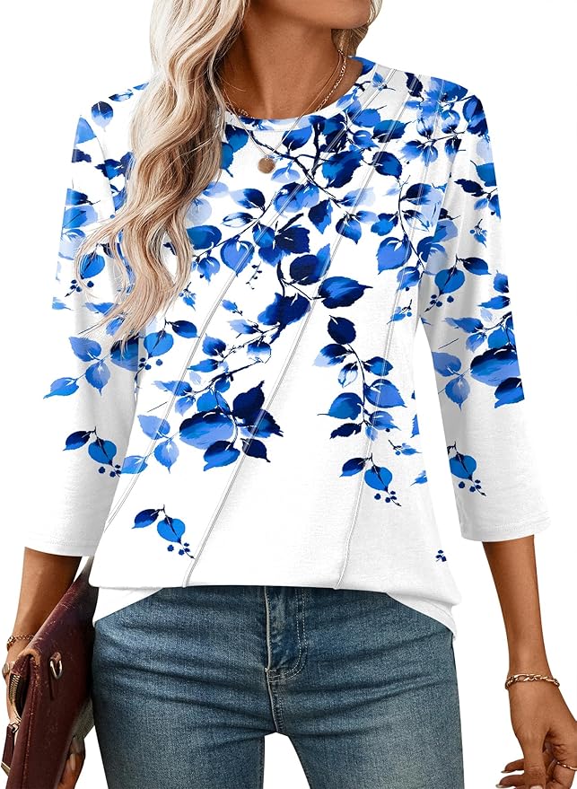 LOMON 3/4 Length Sleeve Womens Tops Spring Summer Fashion 2026 Tops Crew Neck Pleated Shirts Tunic Top Loose Fit