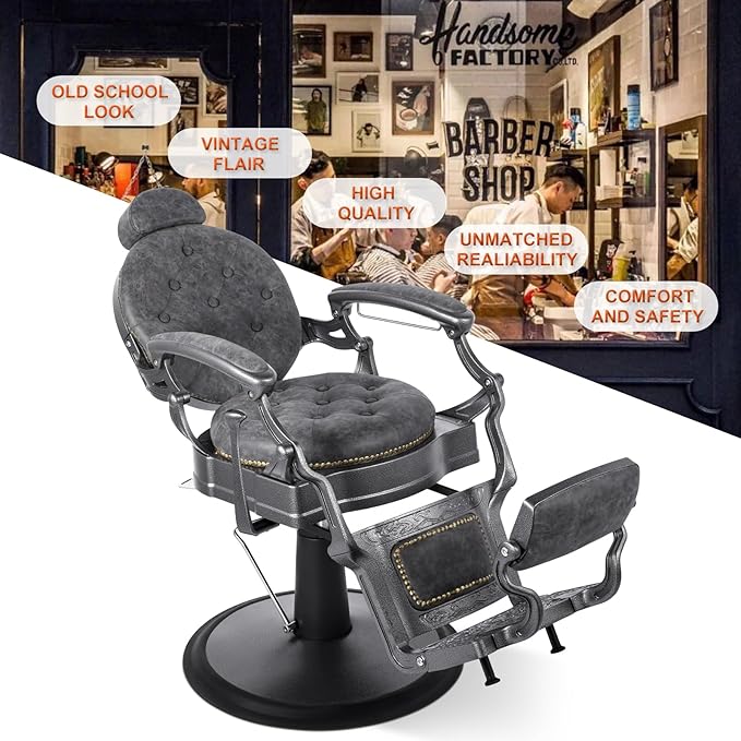 Artist hand Retro Barber Chair Heavy Duty Barber Chairs Vintage Salon Chair Hydraulic Recline Beauty Spa Styling Equipment Rounded Cushioning with Puckered Button (Grey)