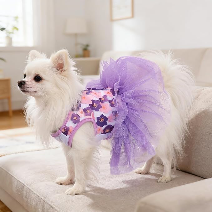 Dog Dress, Fashion Puppy Tutu Princess Dresses for Small Dogs Girl, Sweet Skirt with Dog Bowknot Clips, Spring Dog Cat Clothes Pet Apparel (Purple Floral Dress, X-Small)