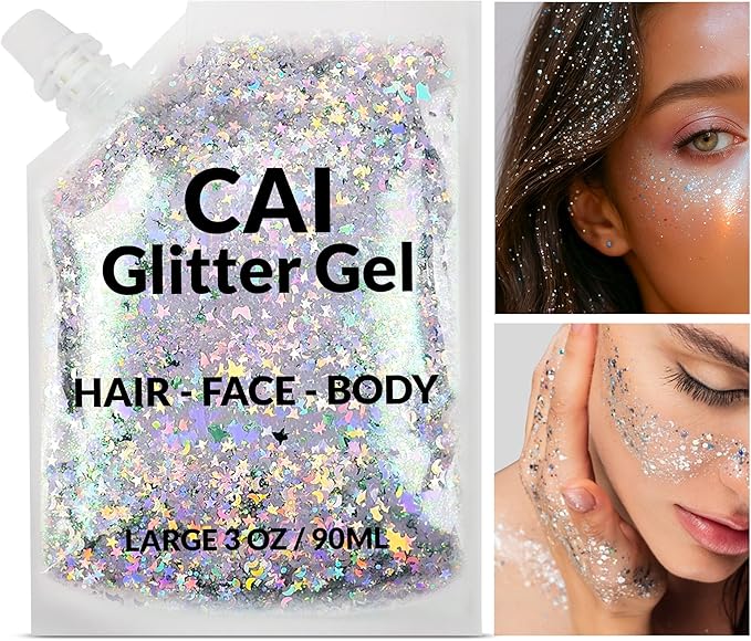 Face, Body & Hair Glitter Gel – Halloween Glitter for Kids and Women – 3 Oz Cosmetic-Grade Gel w/Moon & Stars for Festivals & Halloween Party, Easy Apply & Wash Off - Unicorn 5Pack
