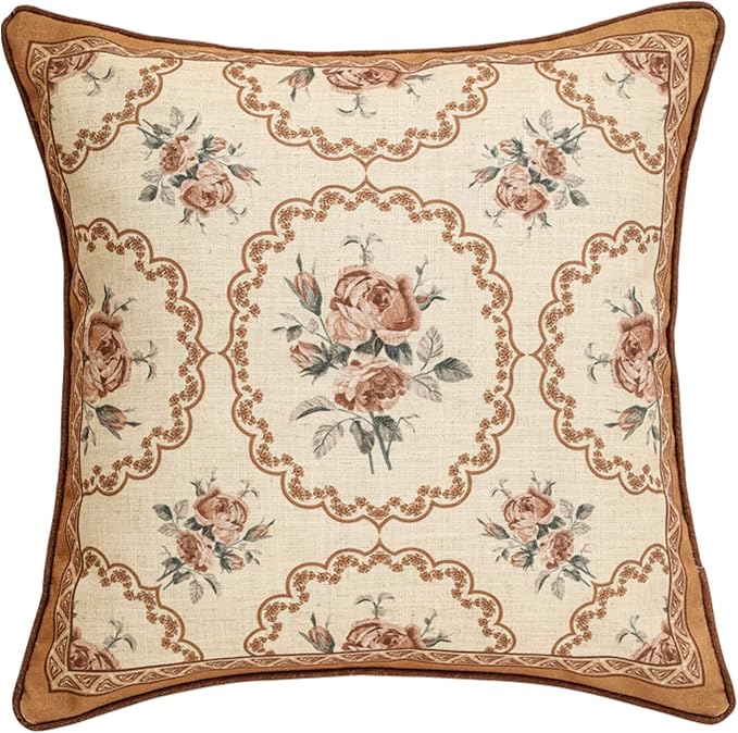 patdrea French Vintage Linen Throw Pillow Cover,18"x18"-ParkerEstate C | Decorative Pillow Case with Zipper,Bird and Floral Pattern,Cushion Coverfor Couch Living Room Bedroom Sofa