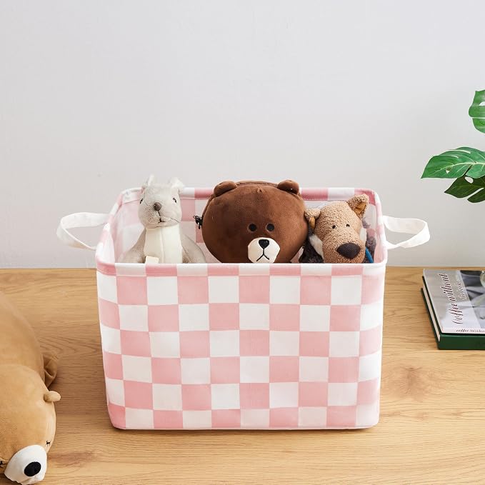 Ohocut Pink White Checkered Canvas Basket, Rectangular Organizing Decorative Storage Basket for Kids Dog Toy, Cute Aesthetic Race Cars Boy Room Decor for Home, Kitchen, Bedroom, Classroom, Shelves