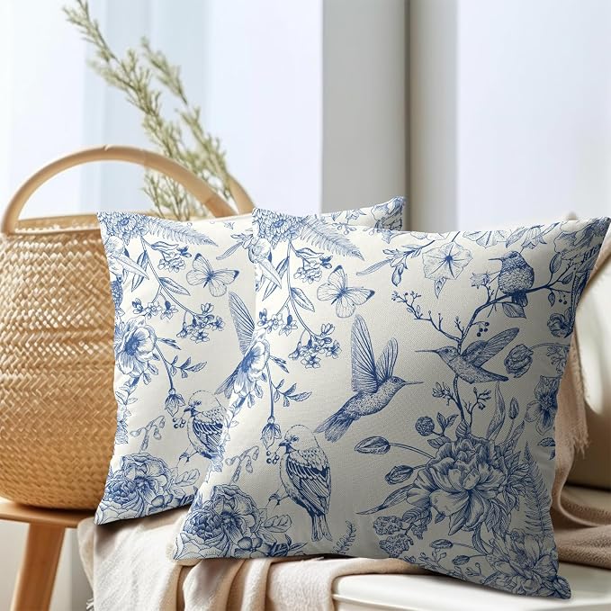 Kawani Chinoiserie Blue Floral Pillow Covers 20x20 Inch, Set of 2 Vintage Flowers Hummingbirds Cotton Linen Square Pillowcase Cushion Cover for Couch Sofa Garden Patio Bedroom Livingroom