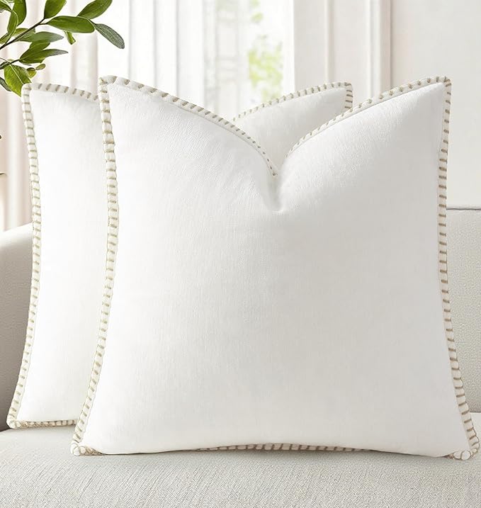 decorUhome Soft Chenille Throw Pillow Covers 24x24 Set of 2 Cream White | Fall Textured Decorative Throw Pillow Cases Stitched Edge Modern Farmhouse Luxury Boho Velvet for Couch Sofa Bed Home Decor