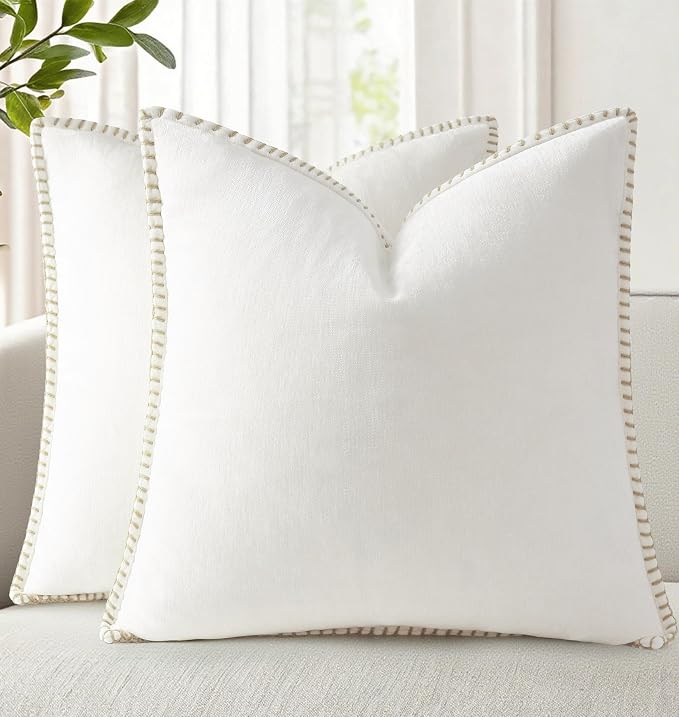 decorUhome Soft Chenille Throw Pillow Covers 26x26 Set of 2 Cream White | Fall Textured Decorative Throw Pillow Cases Stitched Edge Modern Farmhouse Luxury Boho Velvet for Couch Sofa Bed Home Decor