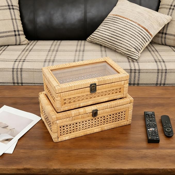 DECOR4SEASON Rattan and Cane Stacking Boxes with Glass Top Lid - Set of 2 for Boho, and Rustic Farmhouse Decor | Natural Rattan Texture, Vintage Trunk Style, Decorative Storage Boxes for Boho, and Rustic Farmhouse Decor