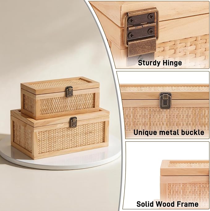 Rattan Decorative Boxes with Lids, Stackable Keepsake Box Set of 2 | Boho Decorative Box for Home Decor Secure Metal Latch Locks, Rustic Farmhouse Memory Box for Shelf, Photo, Wedding, Cards