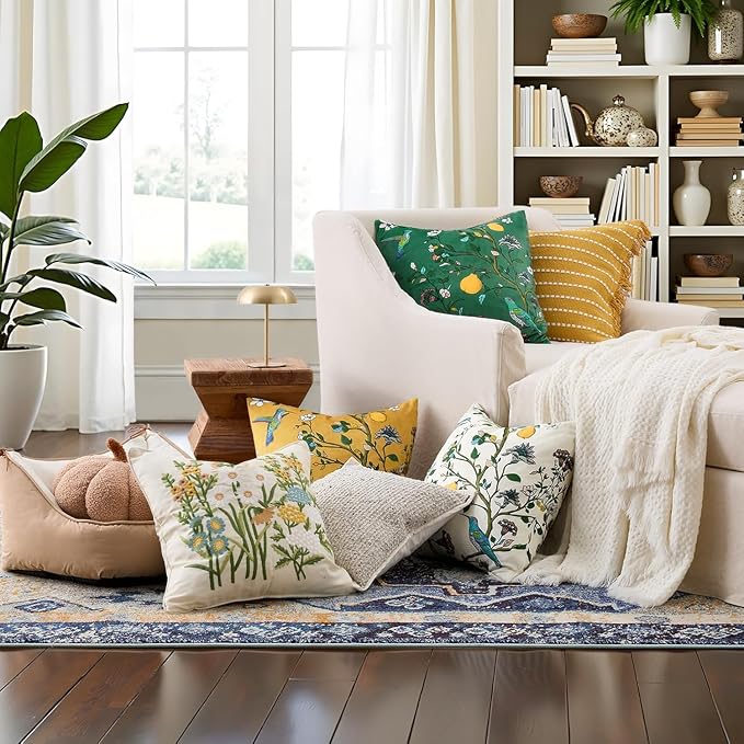 MUSSEL Green Velvet Floral Decorative 16x16 Pillow Covers Set of 2 | Soft Durable and Sturdy,Bird Plant,Throw Pillows Case,Square,Colorful Country Cushion Covers,Home Sofa Bed Couch Decor