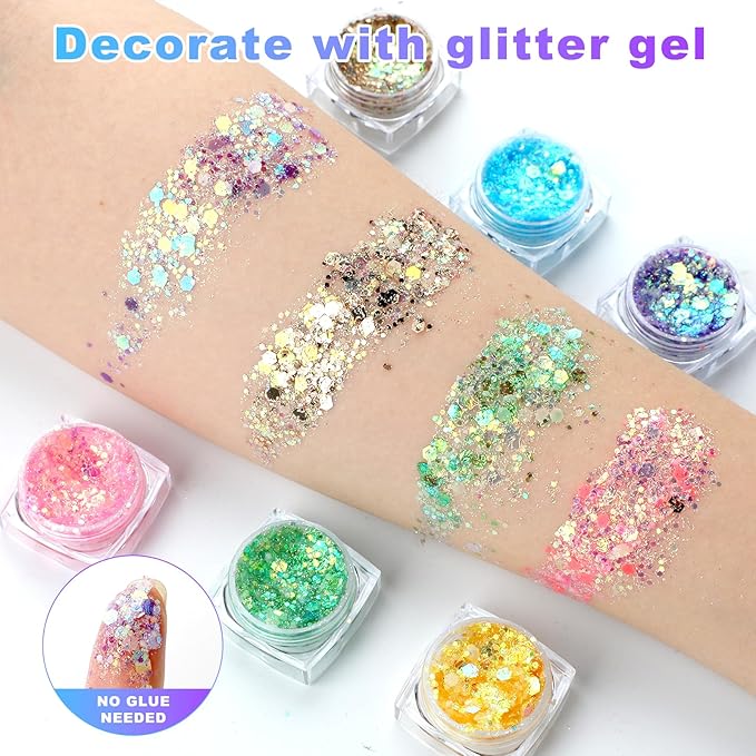6 Colors Glow in The Dark Glitter Gel for Face Body and Hair, UV Black Light Makeup Glitter Gel for Raves Festivals Party Halloween (Type 1)